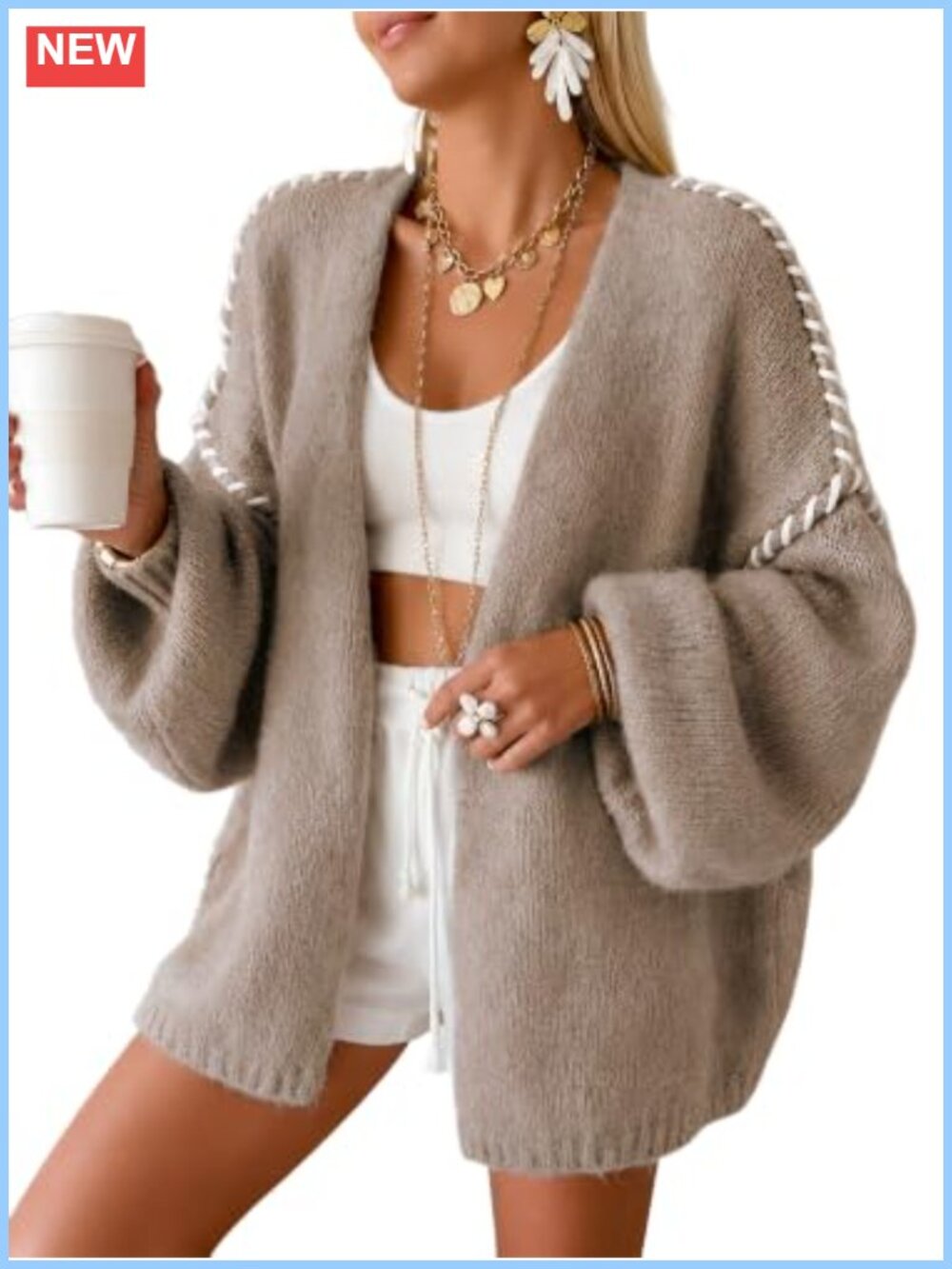Oversized Chunky Knit Open Front Cardigan Whipstitch Trim Women